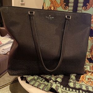 Kate Spade Black Leather Tote w/ Perforated Trim at Bottom